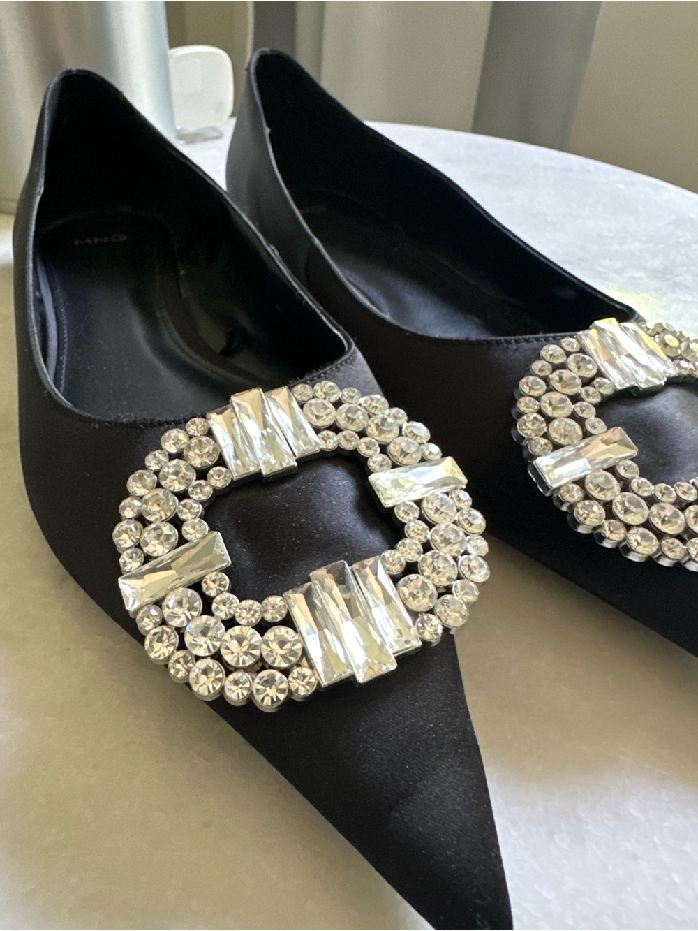 Mango Black Satin Pointed Toe Flats with Crystal Buckle - Picture 2 of 5